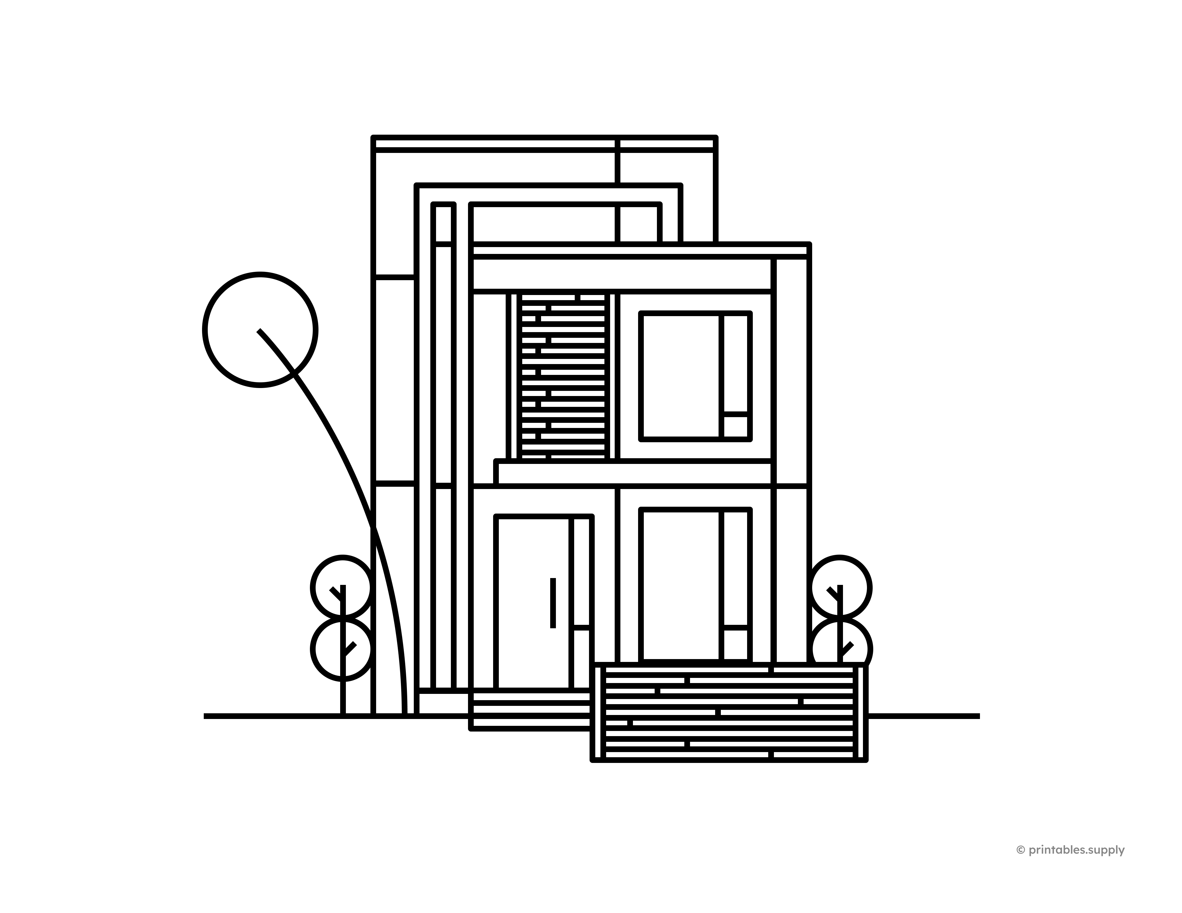 This architectural house printable shows a modern multi-level home with clean geometric shapes, windows, and trees, ideal for architecture-themed coloring, design activities, and quiet creative time for kids who enjoy buildings and modern homes.
