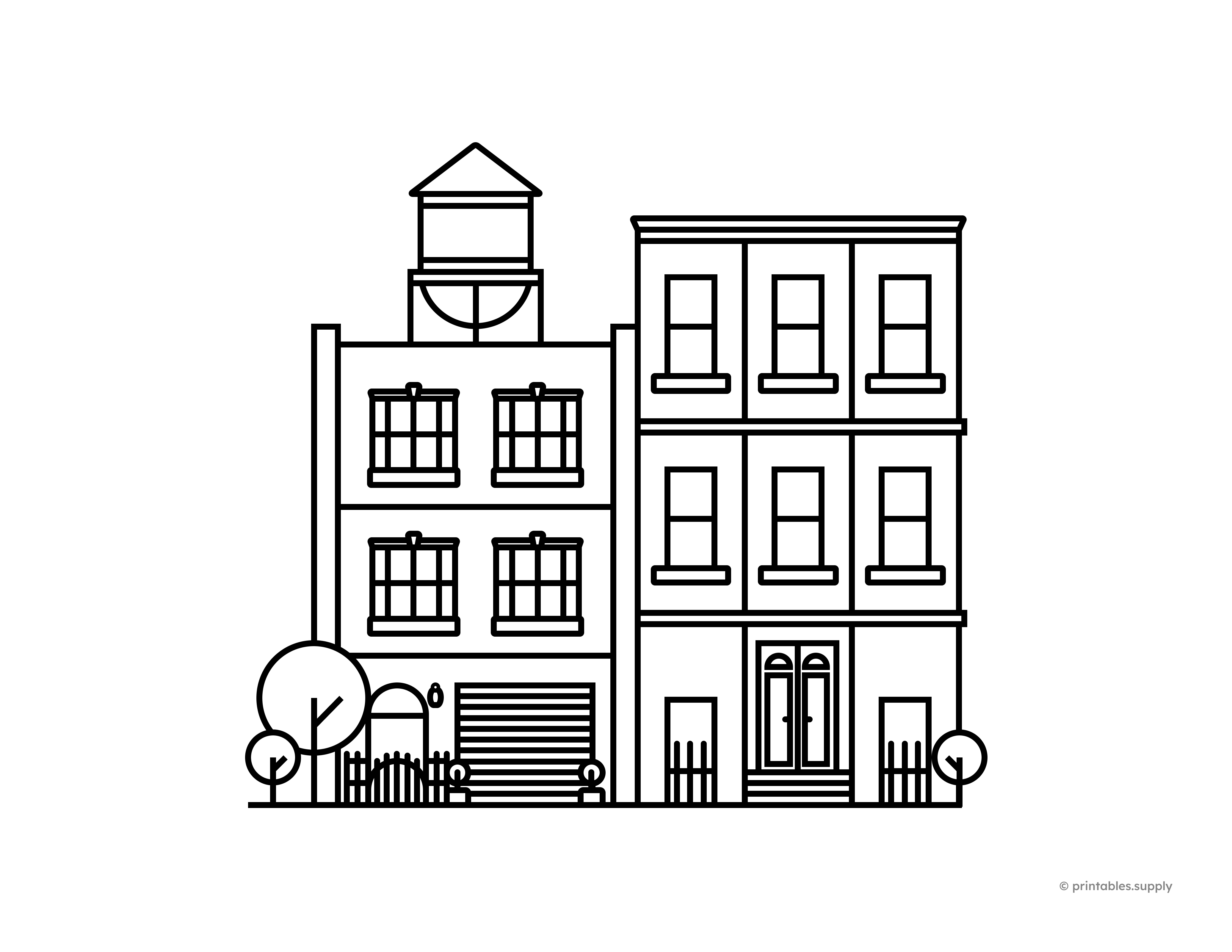 This Brooklyn apartments printable features two city buildings with windows, doorways, trees, and a rooftop water tower in a clean line-art style, making it a fun coloring page for urban themes, architecture lovers, and creative city scenes at home or in the classroom.