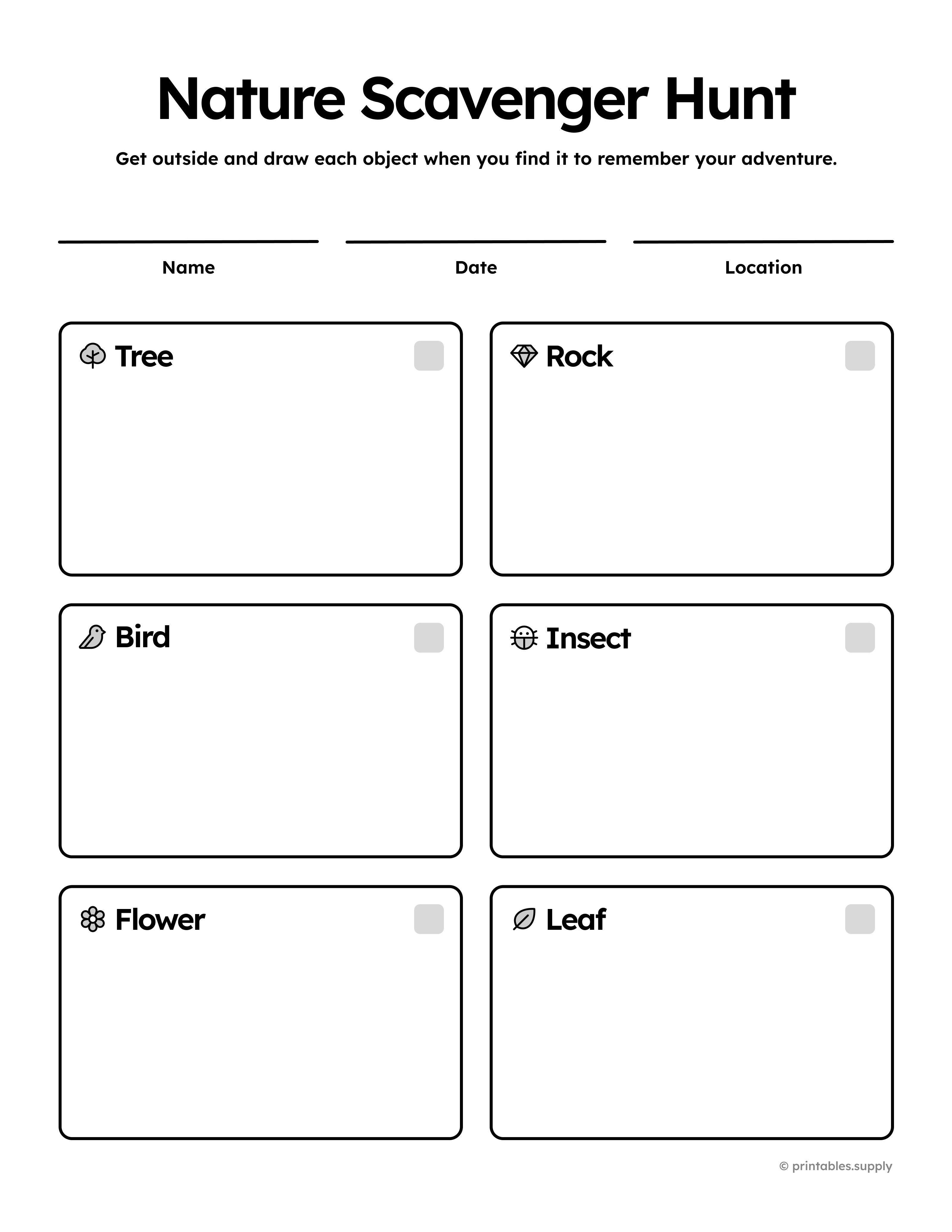 This portrait nature scavenger hunt printable invites kids to get outside and draw trees, rocks, birds, insects, flowers, and leaves as they find them, with name, date, and location fields that make it a great outdoor activity for classrooms, families, camps, and nature walks.